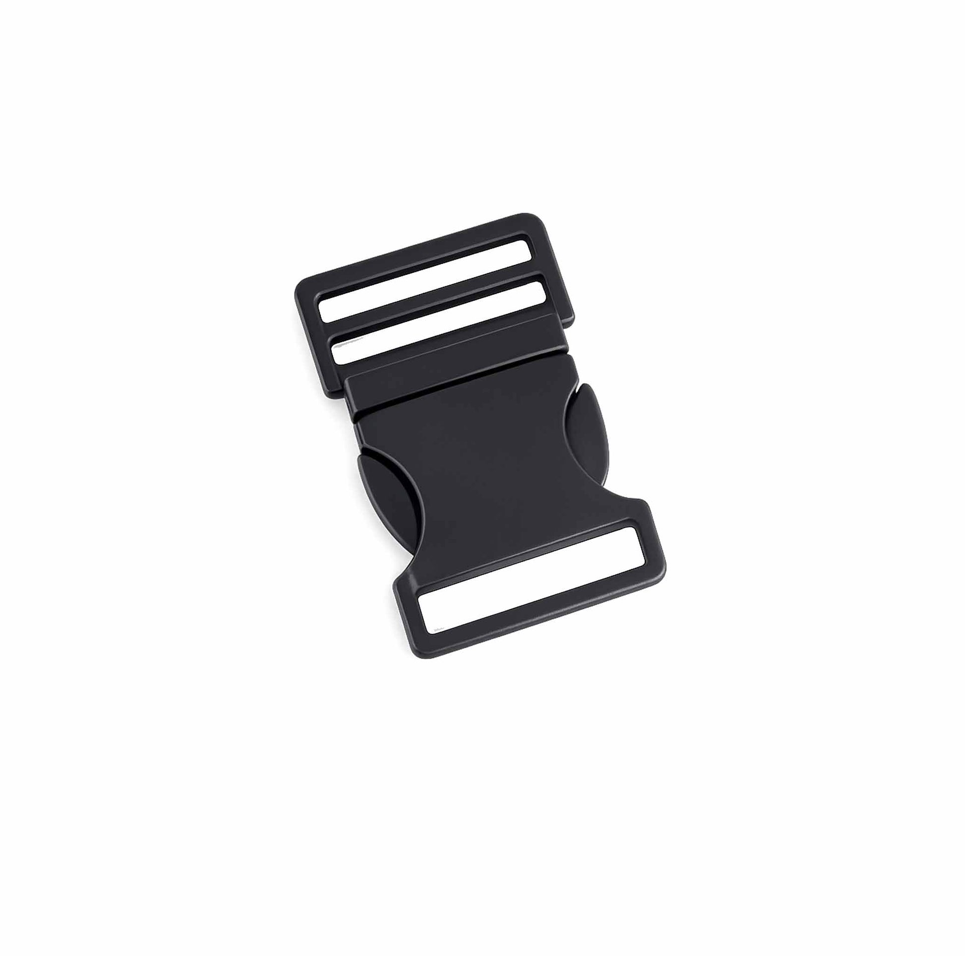Steckschnalle aus Metall in Schwarz für 30 mm Gurtband, leicht gewölbte Form, Maße 35 x 52 cm