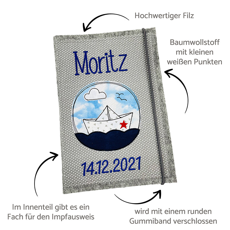 U-Heft Hülle aus hochwertigem Filz und karierten Baumwollstoff mit Namen und Motiv und Hinweisen zur Hülle