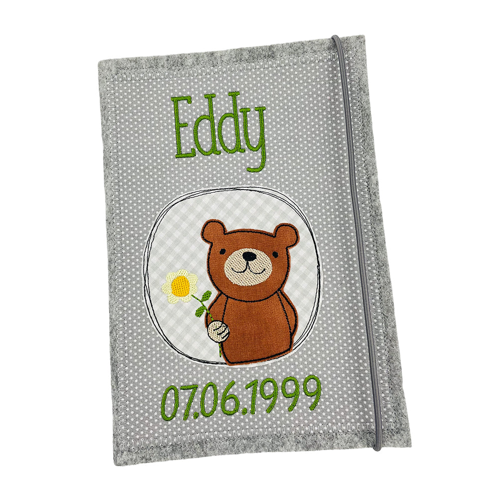 U-Heft Hülle personalisiert mit Namen und Motiv, hochwertiger Filz, Teddy und Blume