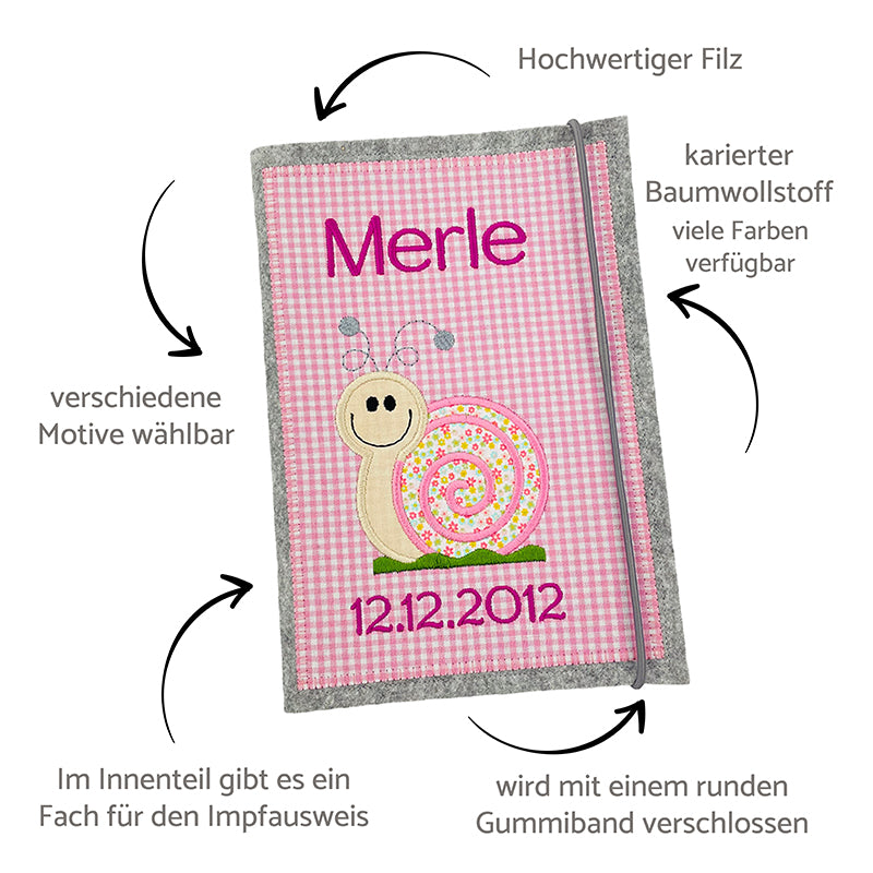 U-Heft Hülle aus hochwertigem Filz und karierten Baumwollstoff mit Namen und Motiv und Hinweisen zur Hülle