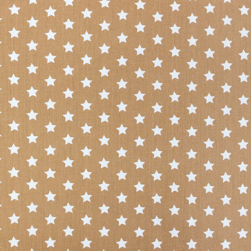 Beige Baumwoll Popeline mit kleinen weißen Sternen (1 cm) aus 100 % Baumwolle für Kleidung, Accessoires und kreative Nähprojekte. Baumwoll Popeline Meterware