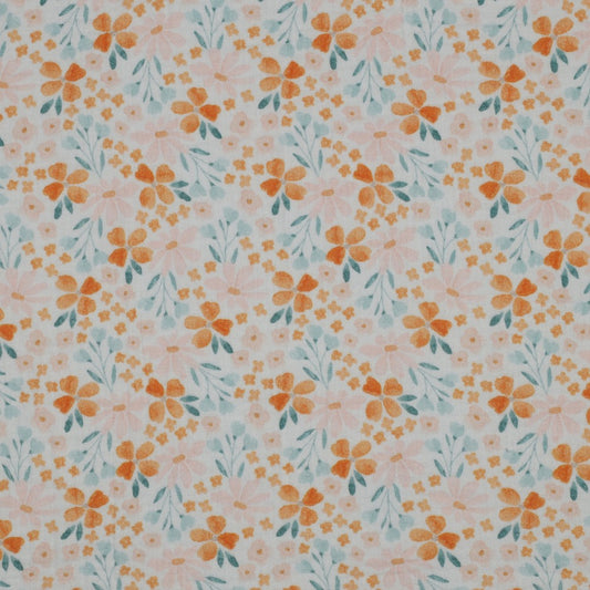 Musselin Stoff aus Baumwolle mit floralem Aquarell-Muster in Orange und Grün auf weißem Hintergrund, weich und luftig mit typischer Crinkle-Struktur