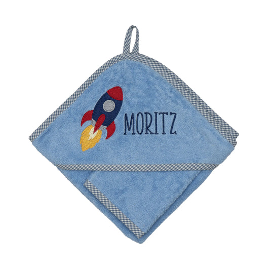 Personalisiertes Kapuzenhandtuch Rakete auf jeansblau Frottee mit kariertem Rand, bestickt mit Namen