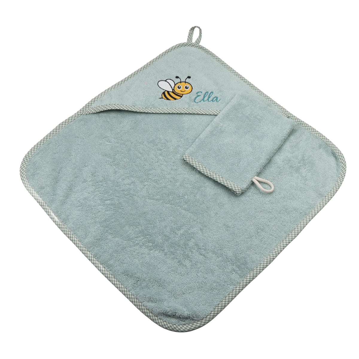 Baby Kapuzenhandtuch personalisiert mit Biene und Namen, salbeifarbenes Frotteehandtuch mit Waschhandschuh für Kinder