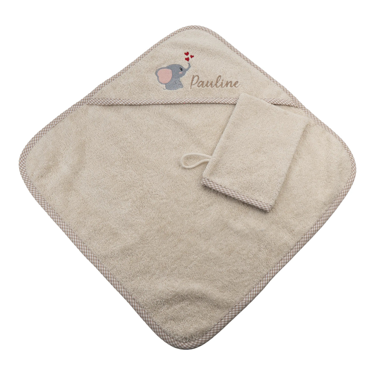 Baby Kapuzenhandtuch personalisiert mit Elefant und Namen, beige farbenes Frotteehandtuch mit Waschhandschuh für Kinder