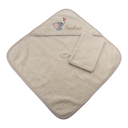 Baby Kapuzenhandtuch personalisiert mit Elefant und Namen, beige farbenes Frotteehandtuch mit Waschhandschuh für Kinder