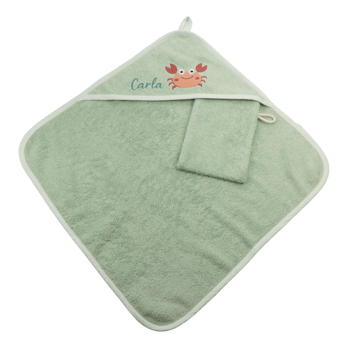 Baby Kapuzenhandtuch personalisiert mit Krabbe und Namen, mintfarbenes Frotteehandtuch mit Waschhandschuh für Kinder