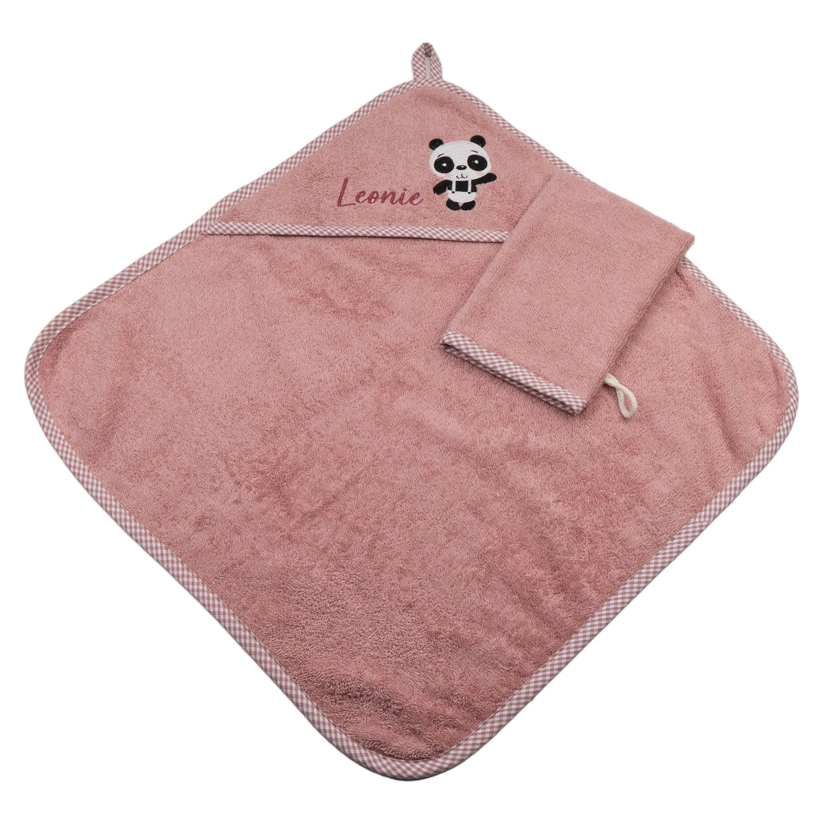 Baby Kapuzenhandtuch personalisiert mit Panda und Namen, altrosafarbenes Frotteehandtuch mit Waschhandschuh für Kinder