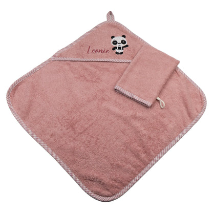 Baby Kapuzenhandtuch personalisiert mit Panda und Namen, altrosafarbenes Frotteehandtuch mit Waschhandschuh für Kinder