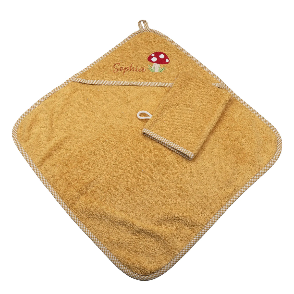 Baby Kapuzenhandtuch personalisiert mit Pilz und Namen, ocker farbenes Frotteehandtuch mit Waschhandschuh für Kinder