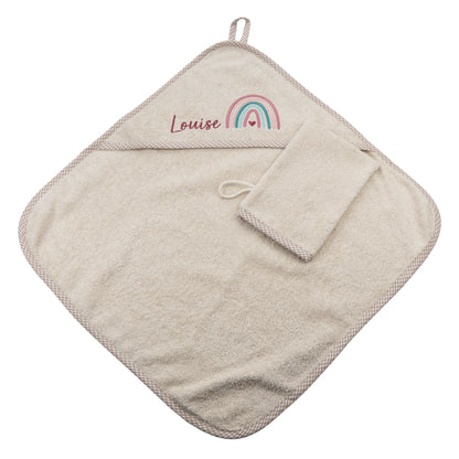Baby Kapuzenhandtuch personalisiert mit Regenbogen und Namen, beige farbenes Frotteehandtuch mit Waschhandschuh für Kinder