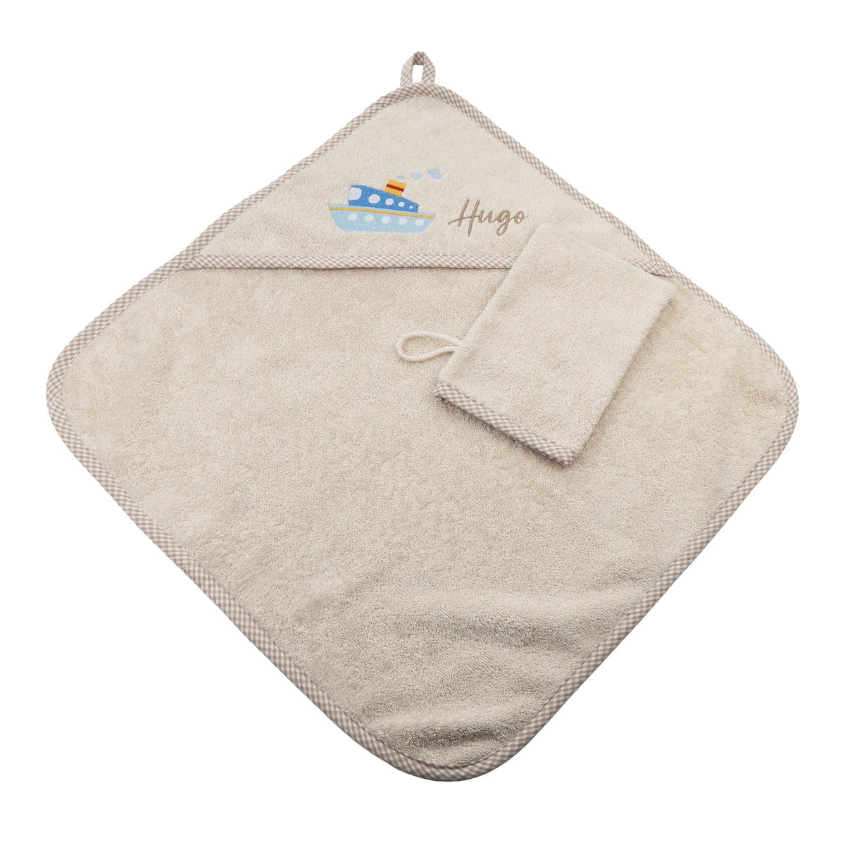 Baby Kapuzenhandtuch personalisiert mit Schiff und Namen, beigefarbenes Frotteehandtuch mit Waschhandschuh für Kinder
