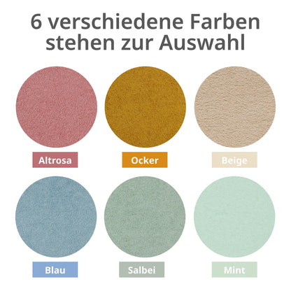 Baby-Kapuzenhandtücher in sechs verschiedenen Farben – Altrosa, Ocker, Beige, Blau, Salbei und Mint – mit karierter Einfassung zur Auswahl