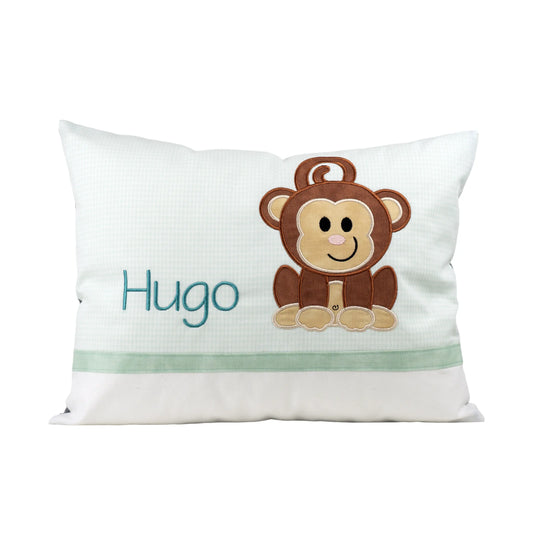 Personalisiertes Kissen Affe mit Namen bestickt, karierter Stoff, handgemacht
