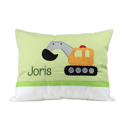 Personalisiertes Kissen Bagger mit Namen bestickt, karierter Stoff, handgemacht