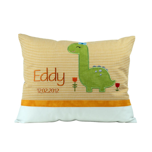 Personalisiertes Kissen Dino mit Namen bestickt, karierter Stoff, handgemacht