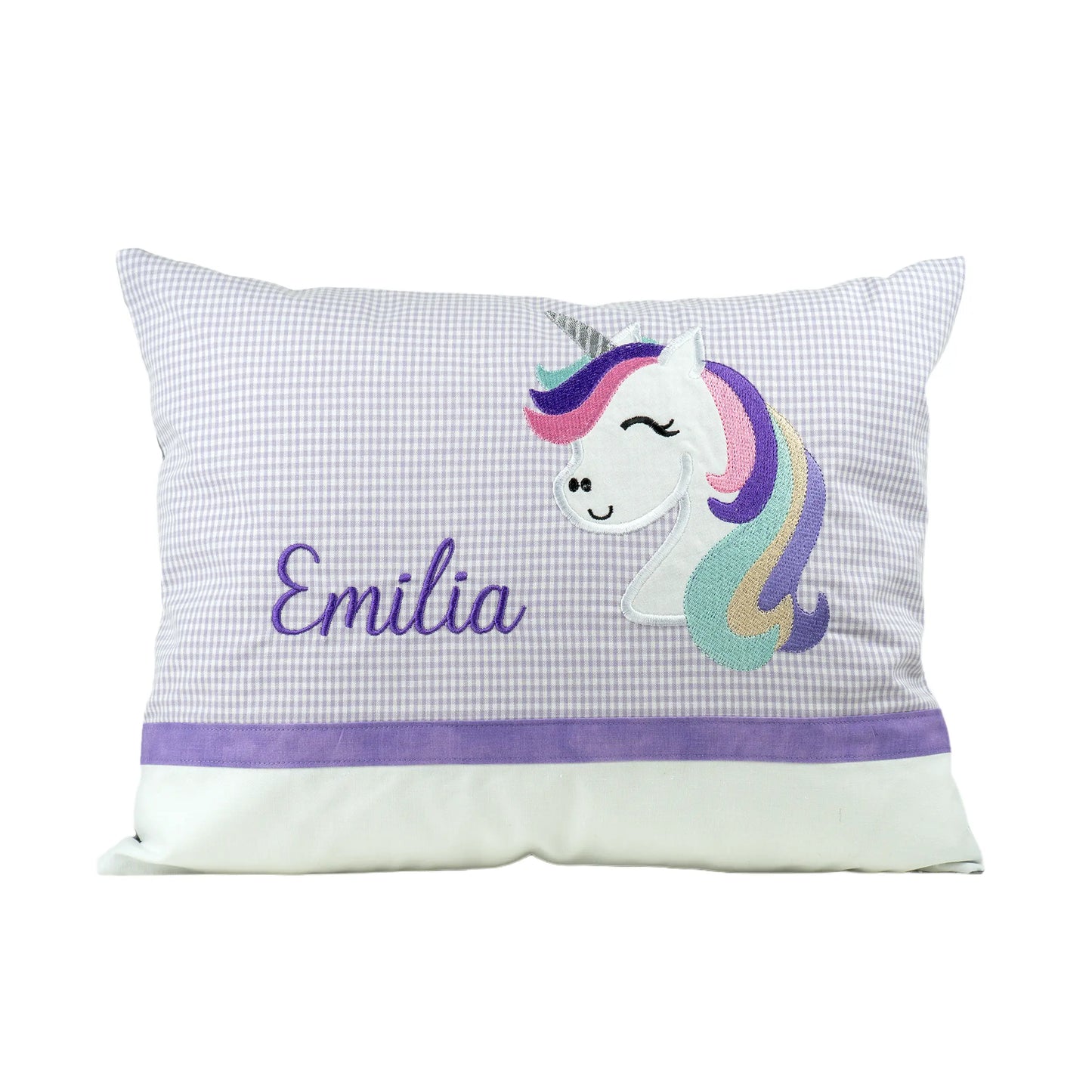 Personalisiertes Kissen Einhorn mit Namen bestickt, karierter Stoff, handgemacht