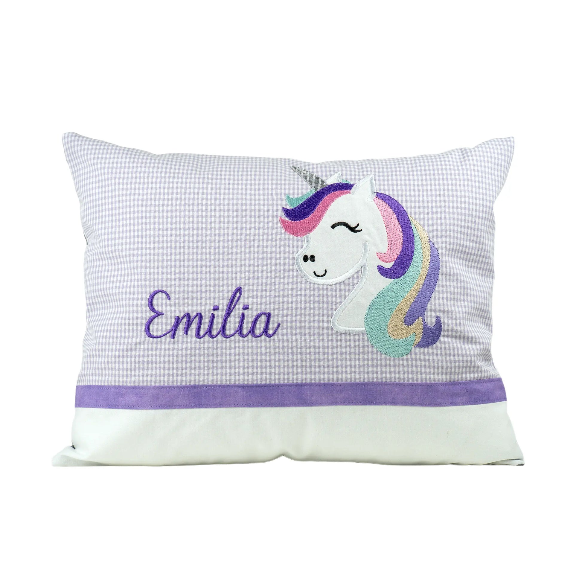 Personalisiertes Kissen Einhorn mit Namen bestickt, karierter Stoff, handgemacht