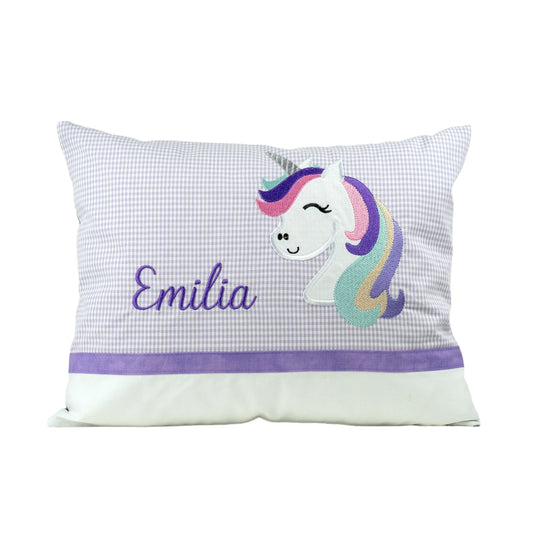 Personalisiertes Kissen Einhorn mit Namen bestickt, karierter Stoff, handgemacht