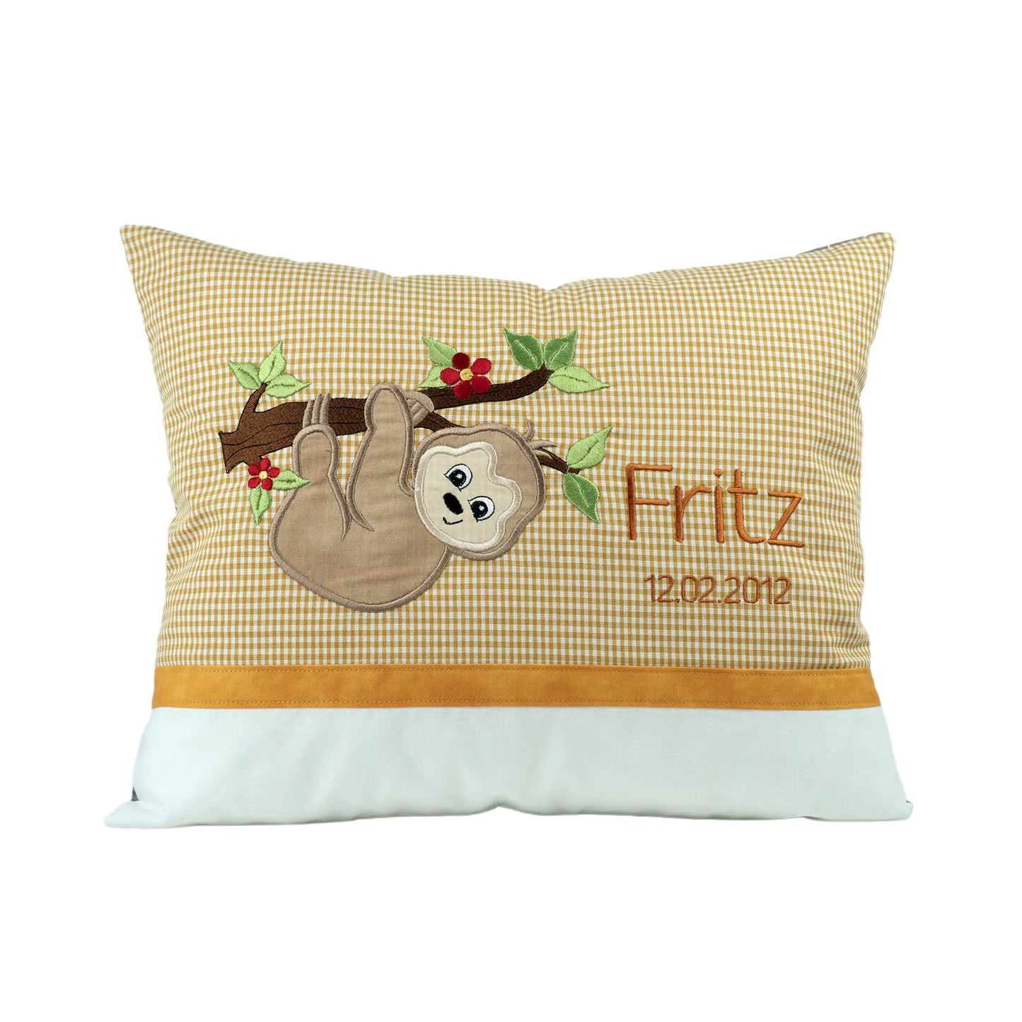 Personalisiertes Kissen Faultier mit Namen bestickt, karierter Stoff, handgemacht
