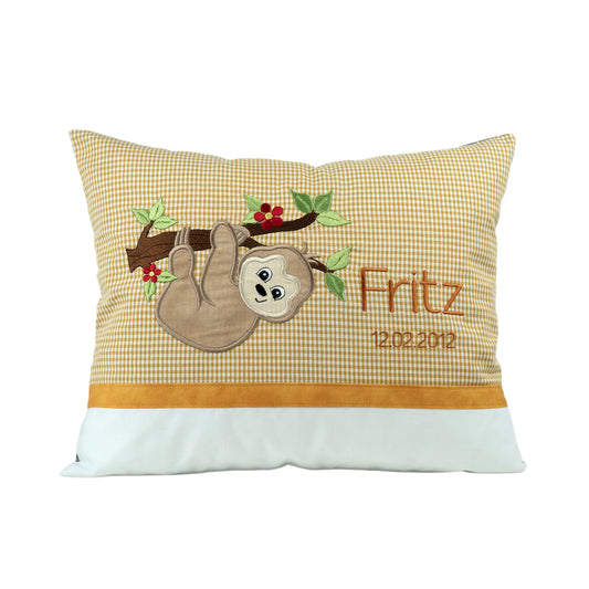 Personalisiertes Kissen Faultier mit Namen bestickt, karierter Stoff, handgemacht