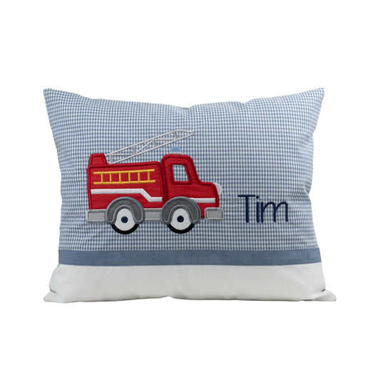 Personalisiertes Kissen Feuerwehr mit Namen bestickt, karierter Stoff, handgemacht