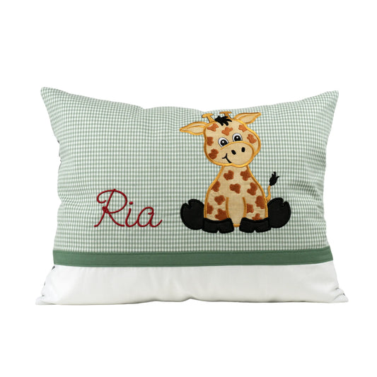 Personalisiertes Kissen Giraffe mit Namen bestickt, karierter Stoff, handgemacht