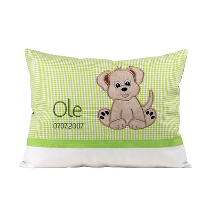 Personalisiertes Kissen Hund mit Namen bestickt, karierter Stoff, handgemacht