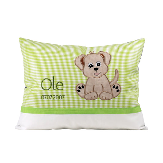 Personalisiertes Kissen Hund mit Namen bestickt, karierter Stoff, handgemacht