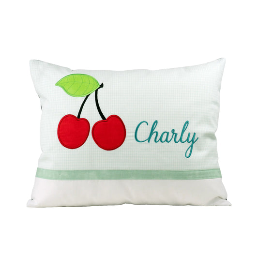 Personalisiertes Kissen Kirschen mit Namen bestickt, karierter Stoff, handgemacht