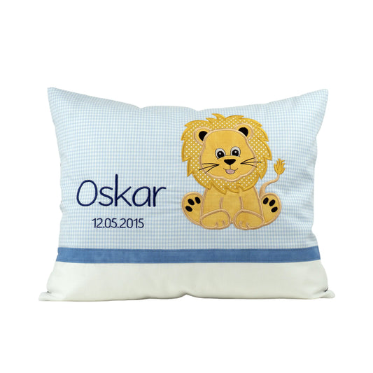Personalisiertes Kissen Löwe mit Namen bestickt, karierter Stoff,
handgemacht