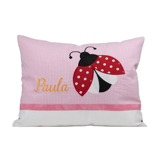 Kissen Marienkäfer mit Namen bestickt – kariert