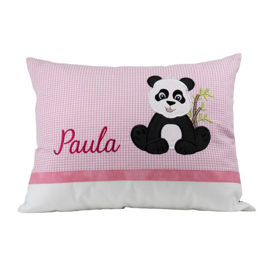 Personalisiertes Kissen Panda mit Namen bestickt, karierter Stoff, handgemacht
