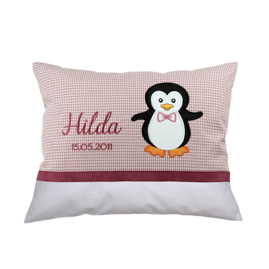 Personalisiertes Kissen Pinguin mit Namen bestickt, karierter Stoff, handgemacht