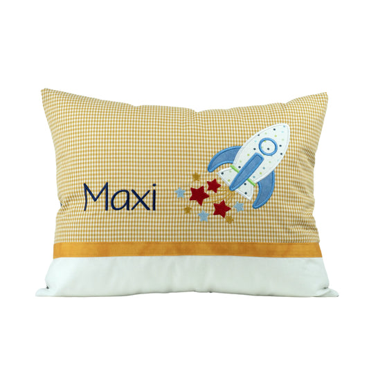 Personalisiertes Kissen Rakete mit Namen bestickt, karierter Stoff, handgemacht