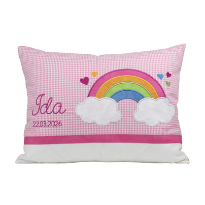 Personalisiertes Kissen Regenbogen mit Namen bestickt, karierter Stoff, handgemacht