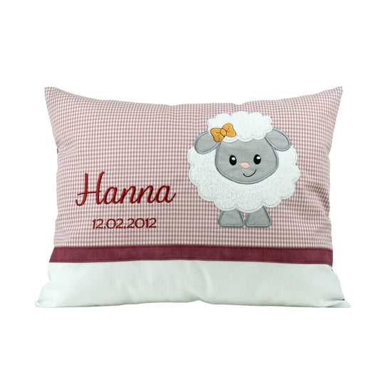 Alt-Text Bild Personalisiertes Kissen Schaf mit Namen bestickt, karierter Stoff, handgemacht