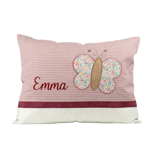Personalisiertes Kissen Schmetterling mit Namen bestickt, karierter Stoff, handgemacht