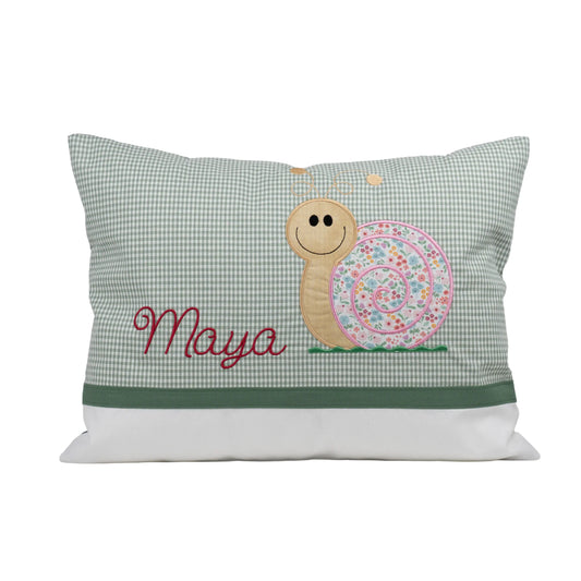 Personalisiertes Kissen Schnecke mit Namen bestickt, karierter Stoff, handgemacht