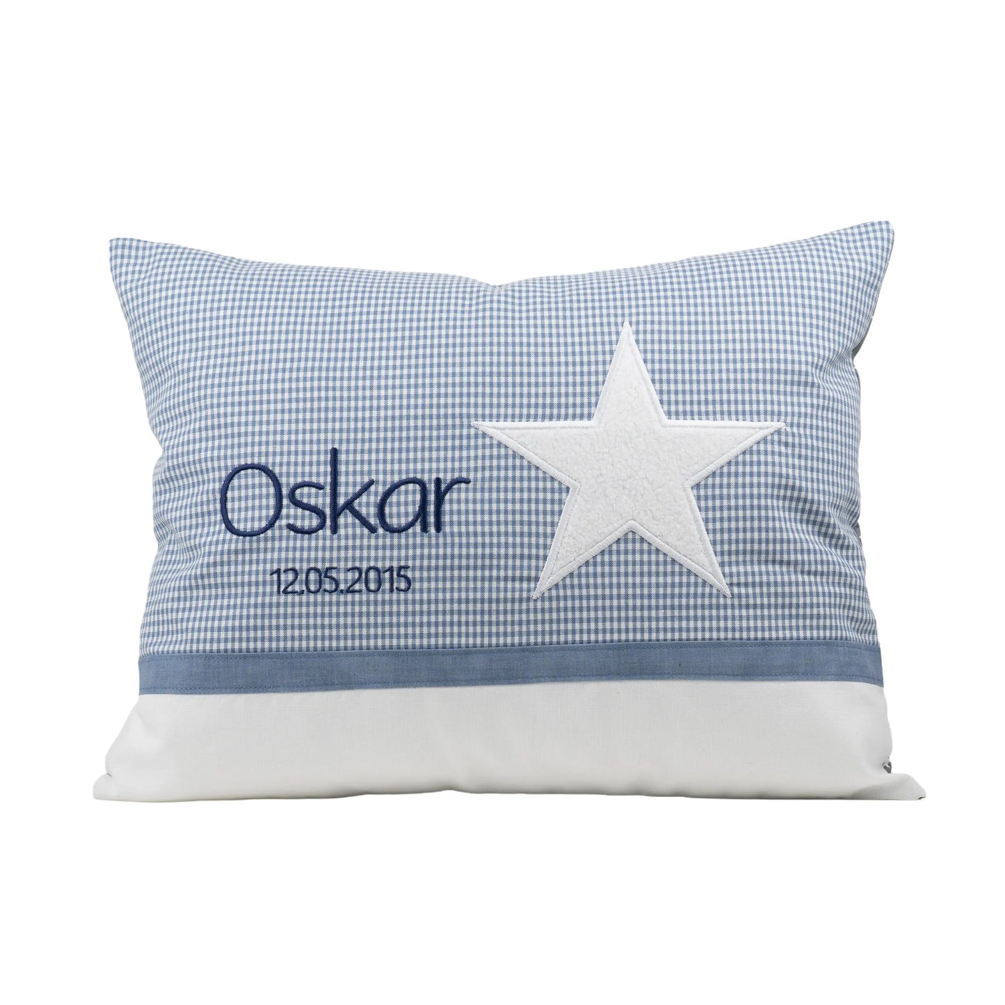 Personalisiertes Kissen Stern mit Namen bestickt, karierter Stoff, handgemacht
