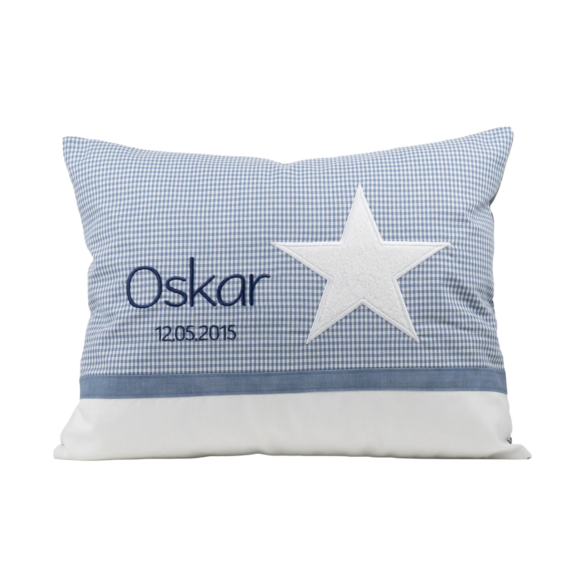Personalisiertes Kissen Stern mit Namen bestickt, karierter Stoff, handgemacht