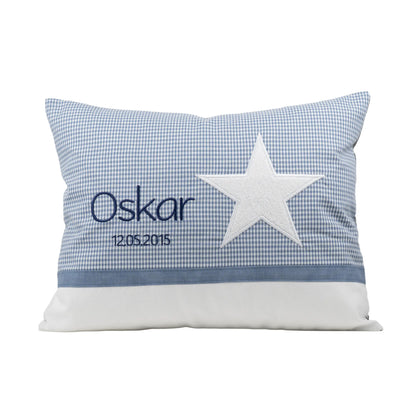 Personalisiertes Kissen Stern mit Namen bestickt, karierter Stoff, handgemacht