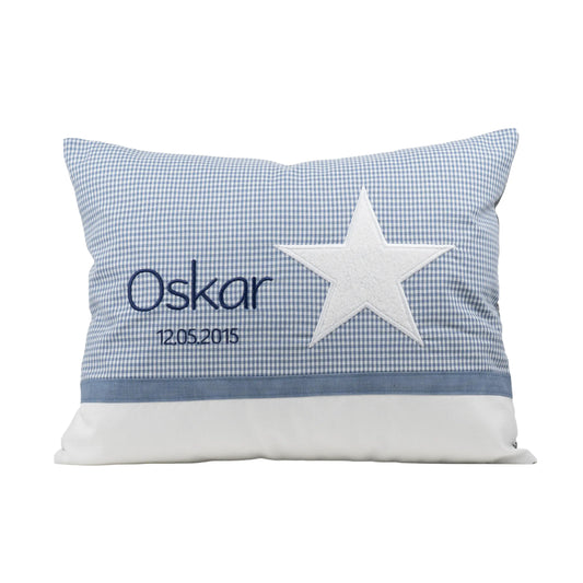 Personalisiertes Kissen Stern mit Namen bestickt, karierter Stoff, handgemacht