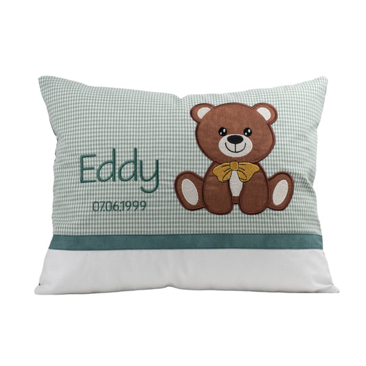 Personalisiertes Kissen Teddy mit Namen bestickt, karierter Stoff, handgemacht
