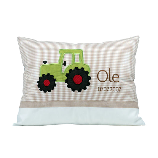 Personalisiertes Kissen Traktor mit Namen bestickt, karierter Stoff, handgemacht