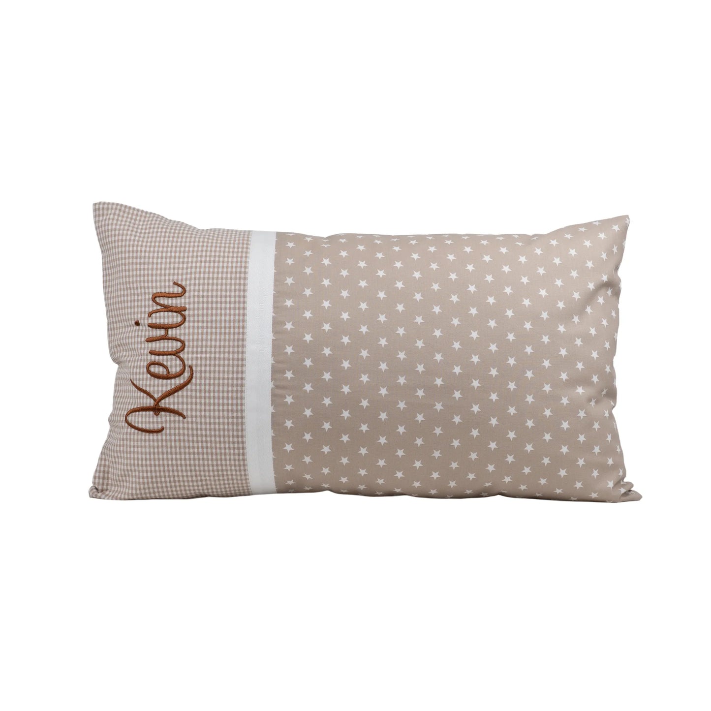 Personalisiertes Kissen mit Namen bestickt, Stoff mit Sternen beige, handgemacht
