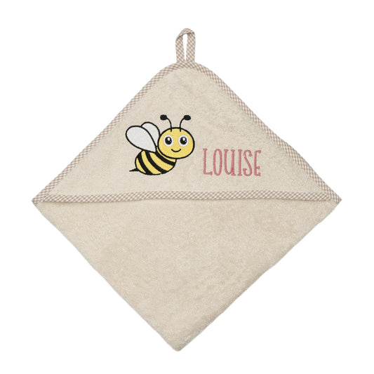 Personalisiertes Kapuzenhandtuch Biene auf Frottee beige, mit kariertem Rand, bestickt mit Namen