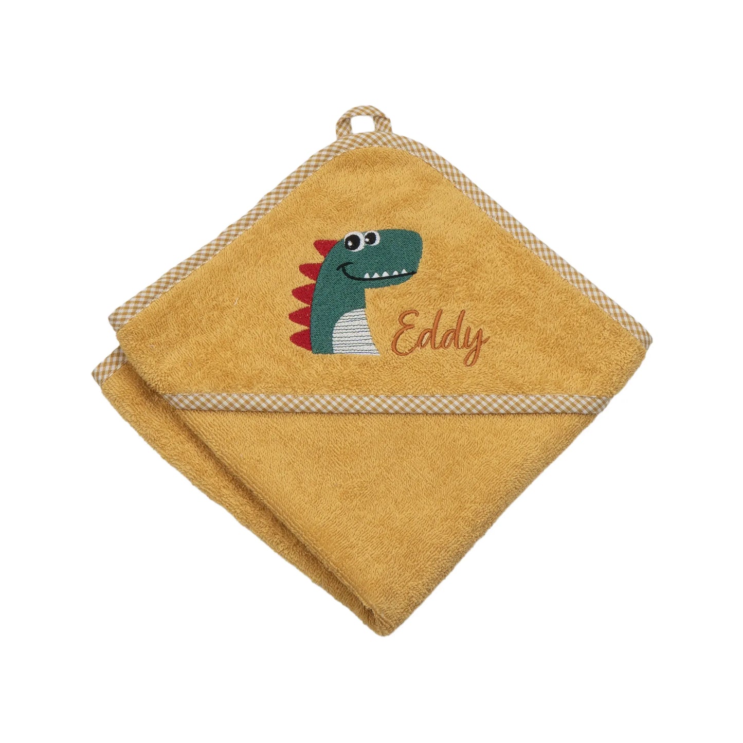 Personalisiertes Kapuzenhandtuch Dino auf Frottee ocker, mit kariertem Rand, bestickt mit Namen