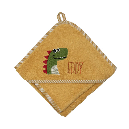 Personalisiertes Kapuzenhandtuch Dino auf Frottee ocker, mit kariertem Rand, bestickt mit Namen