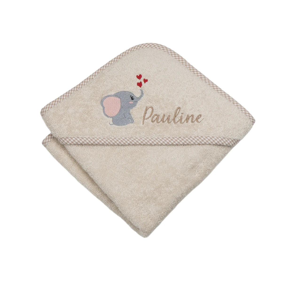 Personalisiertes Kapuzenhandtuch Elefant mit Herzen auf Frottee beige mit kariertem Rand, bestickt mit Namen